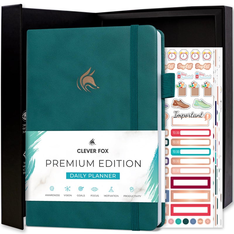 Clever Fox Planner Daily Premium â€“ Undated Daily Planner with Hourly Schedule, Personal Organizer, Productivity Journal, 6 Months (Dark Teal) - Image 1